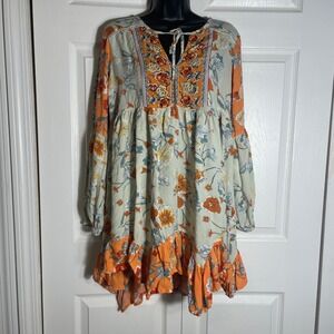 Patrons Of Peace Boho Dress Women L Orange Floral Tiered Ruffle Long Sleeve Mini